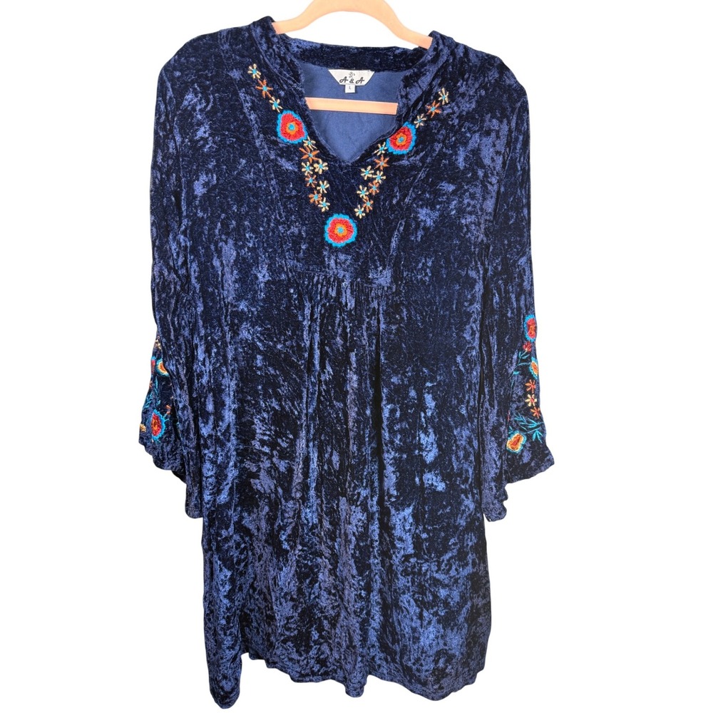 Boho Velvet Tunic Dress Embroidered Floral Blue Whimsigoth Johnny Was Vibes